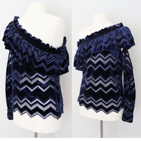 Self-Portrait Zig Zag Embroidered Velvet Top US 4 Navy One Shoulder Ruffle - Picture 6 of 8